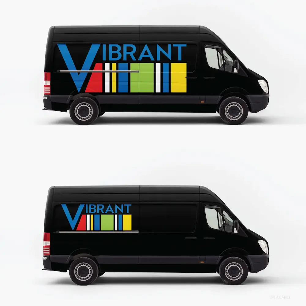 Corporate vehicle wrap mockup featuring Vibrant Interiors logo on a transit va